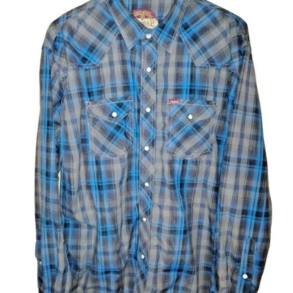 Rafter C Cowboy Western Pearl Snap Shirt 2XL Blue Black Plaid Snap Button Down